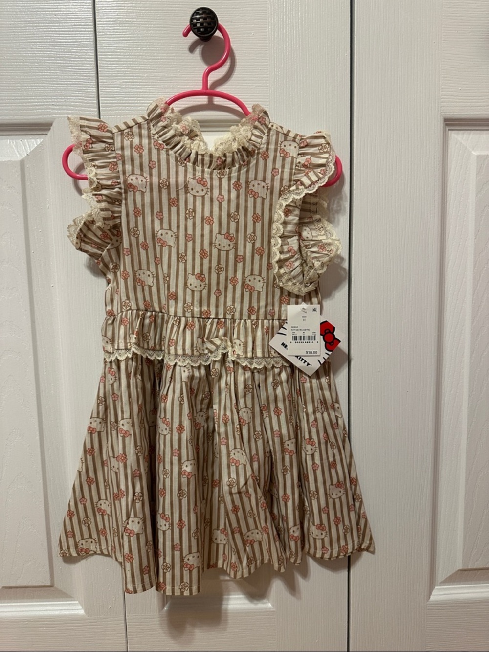 Hello Kitty Cream and Pink Striped Ruffle Dress with Floral Accents